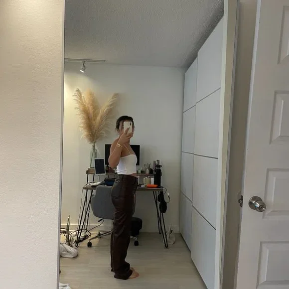 BROWN FAUX LEATHER STRAIGHT LEG PANTS GARAGE CLOTHING - Picture 2 of 3